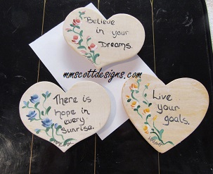 Upcycle, recycle, hand painted tiles, handmade magnets, home décor, quick crafts, easy crafts, wood cutouts, crafts projects, painted hearts, hand lettering,